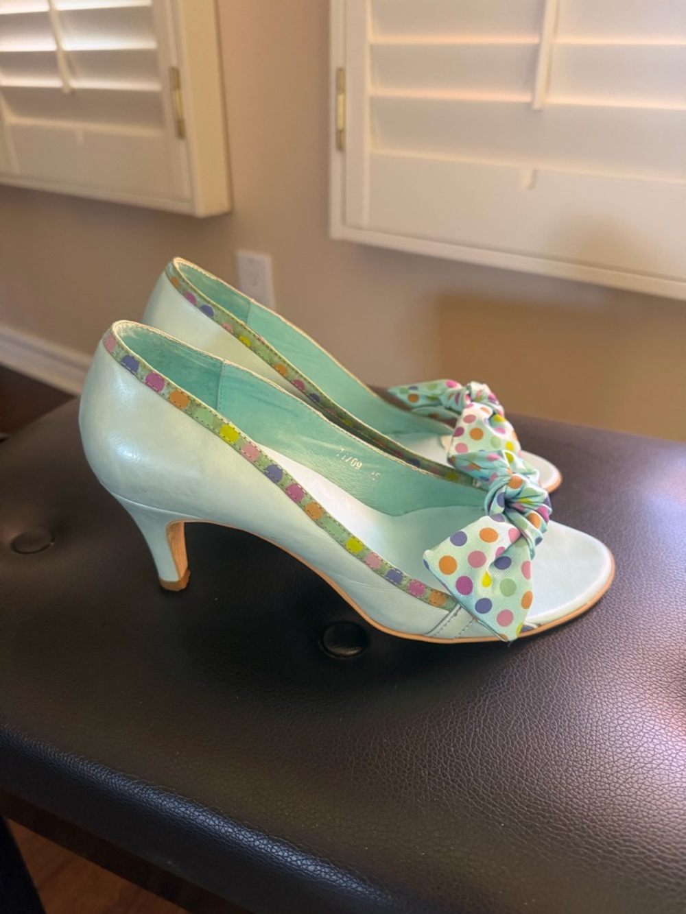 Mint Green Peep-Toe Heels with Polka Dot Bow